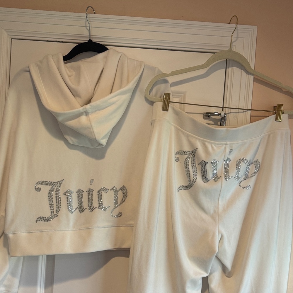 EUC OG Big Bling Juicy Couture Velour Hoodie & Pants Tracksuit Size Large Cream